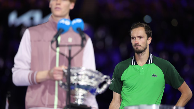 Daniil Medvedev looks on during the official presentation after their Men's Singles Final match against Jannik Sinner of Italy during the 2024 Australian Open.
