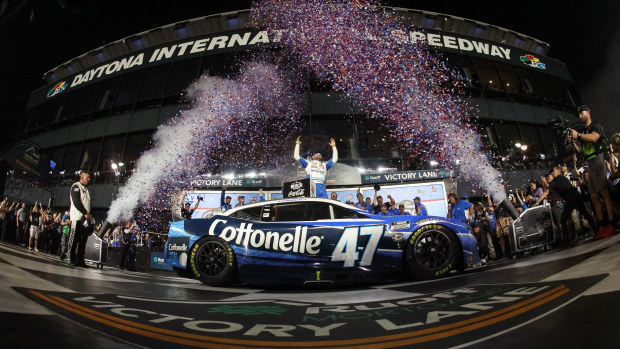 Ricky Stenhouse Jr., driver of the #47 Kroger/Cottonelle Chevrolet, celebrates in victory lane after winning the NASCAR Cup Series 65th Annual Daytona 500 at Daytona International Speedway on February 19, 2023 in Daytona Beach, Florida. (Photo by Chris Graythen/Getty Images)