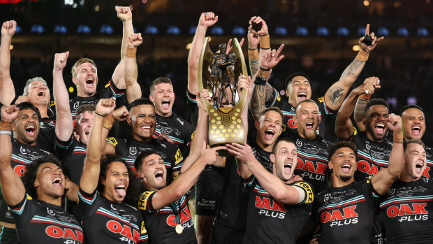 The Penrith Panthers celebrate winning the 2023 NRL grand final.