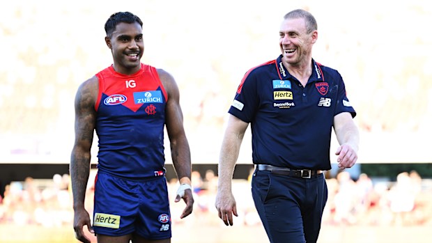 Melbourne's Kysaiah Pickett and Simon Goodwin celebrate victory over Gold Coast.
