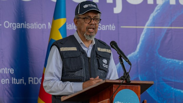 Director General of the World Health Organisation (WHO) Tedros Adhanom Ghebreyesus speaks to the press during a briefing on the Ebola response in Bunia, Congo, Saturday, May 30, 2026. (AP Photo/Moses Sawasawa)