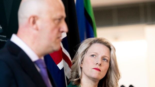 ASIO Director-general of security Mike Burgess  and Minister for Home Affairs and Minister for Cyber Security Clare O'Neil addresses the media during a press conference.