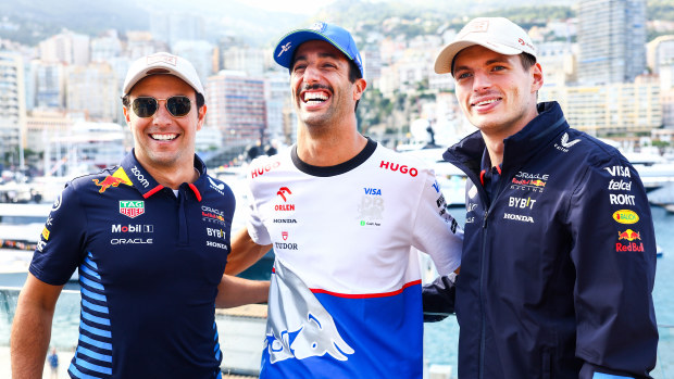 Sergio Perez (from left) of Mexico and Red Bull Racing with Daniel Ricciardo of RB and Max Verstappen of the Netherlands and Red Bull Racing at the Monaco Grand Prix. 