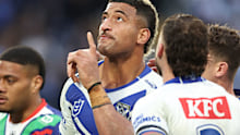 Viliame Kikau of the Bulldogs celebrates scoring a try.