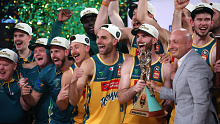Tasmania celebrates its NBL championship victory. 