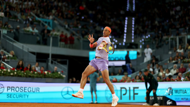Rafael Nadal of Spain plays a forehand against Alex de Minaur of Australia in the Men's Singles Round of 64 match during Day Five of the Mutua Madrid Open at La Caja Magica on April 27, 2024 in Madrid, Spain. (Photo by Clive Brunskill/Getty Images)