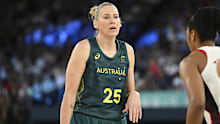 Lauren Jackson pictured after being injected into the Opals' Paris 2024 semi final against USA.
