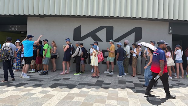 Lines wrapped around the block to get into the arena for Hunter's match. 