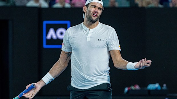 Matteo Berrettini gestures to his box during his loss to Andy Murray in the first round of the Australian Open.
