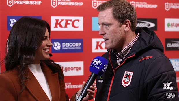 Nine reporter Danika Mason interviews Dragons coach Ryan Carr. 