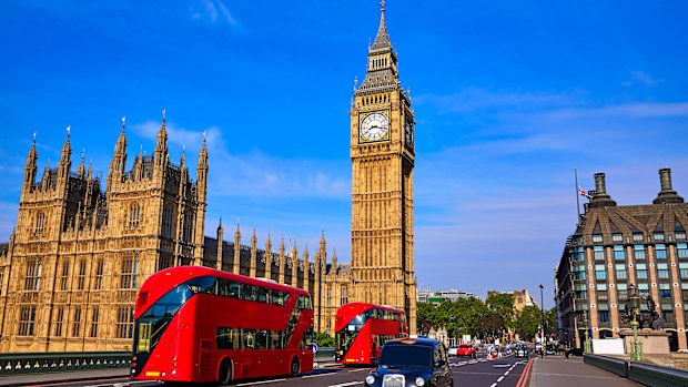 Big Ben Clock Tower and London Bus at England.