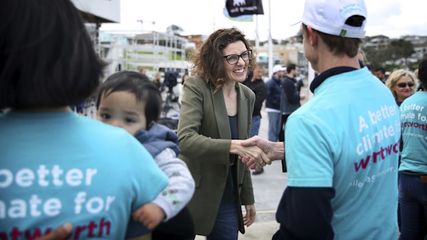 Teal independant candidate for Wentworth Alegra Spender addresses the Media and spectators 