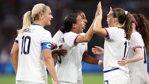 Mallory Swanson #9 of Team United States celebrates scoring her team's second goal. USWNT v Germany.