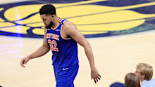INDIANAPOLIS, INDIANA - MAY 31:  Karl-Anthony Towns #32 of the New York Knicks reacts during the second quarter against the Indiana Pacers in Game Six of the Eastern Conference Finals of the 2025 NBA Playoffs at Gainbridge Fieldhouse on May 31, 2025 in Indianapolis, Indiana. NOTE TO USER: User expressly acknowledges and agrees that, by downloading and or using this photograph, User is consenting to the terms and conditions of the Getty Images License Agreement. (Photo by Justin Casterline/Getty 
