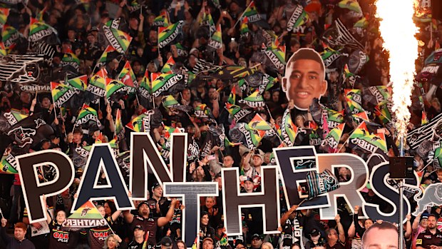 The Panthers section of a huge crowd at Accor Stadium for Saturday night's preliminary final clash with the Rabbitohs.