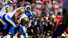 SANTA CLARA, CALIFORNIA - NOVEMBER 9: Matthew Stafford #9 of the Los Angeles Rams calls a play at the line of scrimmage during the first quarter of an NFL football game against the San Francisco 49ers at Levi's Stadium on November 09, 2025 in Santa Clara, California. (Photo by Brooke Sutton/Getty Images)