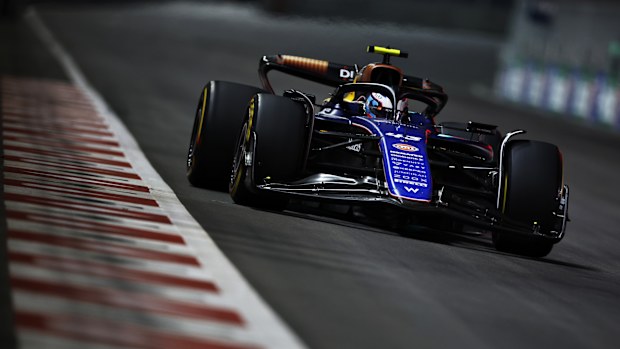 Franco Colapinto of Argentina driving the (43) Williams FW46 Mercedes on track during practice ahead of the F1 Grand Prix of Las Vegas at Las Vegas Strip Circuit on November 21, 2024 in Las Vegas, Nevada. (Photo by Chris Graythen/Getty Images)