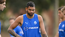 MELBOURNE, AUSTRALIA - MARCH 18: Tarryn Thomas of the Kangaroos warms up ahead of the VFL Practice Match between North Melbourne and Williamstown at Arden Street Ground on March 18, 2023 in Melbourne, Australia. (Photo by Morgan Hancock/Getty Images)