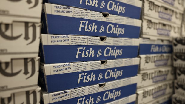 Fish and chips boxes at a shop on May 1, 2022 in London, England. The war in Ukraine is causing a shortage of sunflower oil. (Photo by Hollie Adams/Getty Images)