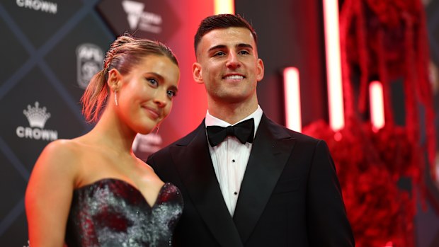 Nick Daicos of Collingwood and partner Arlette Amor at the 2025 Brownlow Medal