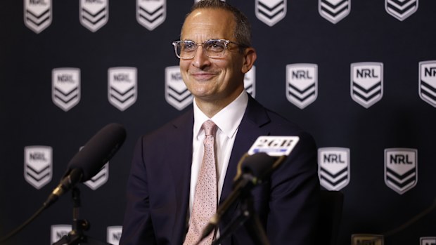 SYDNEY, AUSTRALIA - MAY 25: NRL CEO Andrew Abdo speaks to the media during an Australian Rugby League Commission and NRL press conference at Rugby League Central on May 25, 2026 in Sydney, Australia. (Photo by Darrian Traynor/Getty Images)