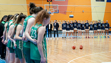The Ireland women's basketball team line-up by their bench as the Israel team stands on centre court for the pre-match formalities ahead of their EuroBasket qualifier.