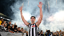MELBOURNE, AUSTRALIA - MAY 23: Scott Pendlebury of the Magpies waves to the crowd after playing game 433 during the round 11 AFL match between Collingwood Magpies and Waalitj Marawar (West Coast Eagles) at Melbourne Cricket Ground, on May 23, 2026, in Melbourne, Australia. (Photo by Quinn Rooney/Getty Images)