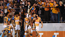 Tigers players celebrate with fans