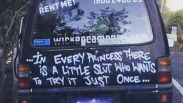 Public awareness about offensive slogans became widespread after a Sydney mother noticed this slogan on the back of a Wicked Campers van in 2014. The company apologised and removed the slogan at the time.