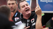SYDNEY, AUSTRALIA - AUGUST 24:  Saints head coach Ross Lyon speaks to players at three quarter time during the round 24 AFL match between Greater Western Sydney Giants and St Kilda Saints at ENGIE Stadium on August 24, 2025 in Sydney, Australia. (Photo by Matt King/AFL Photos/via Getty Images)