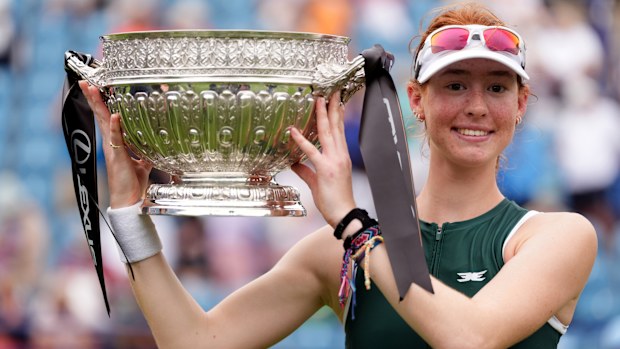 Maya Joint celebrates with the trophy after winning the Women's singles Final during day six of the Lexus Eastbourne Open at Devonshire Park Lawn Tennis Club, Eastbourne. Picture date: Saturday June 28, 2025. (Photo by Adam Davy/PA Images via Getty Images)