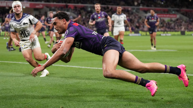 Xavier Coates of the Storm scores his second tryduring the round eight NRL match between Melbourne Storm and South Sydney Rabbitohs at AAMI Park on April 25, 2024, in Melbourne, Australia. (Photo by Daniel Pockett/Getty Images)