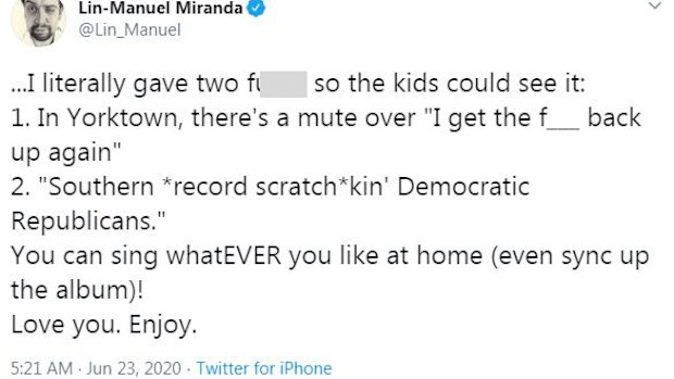 Lin-Manuel Miranda, tweet, Hamilton, censored, Disney Plus