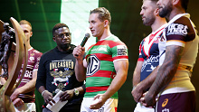 Cameron Murray speaks at the NRL season launch in America. 
