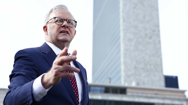 Prime Minister Anthony Albanese during a press conference on Australia formally recognising the State of Palestine at the UN HQ.