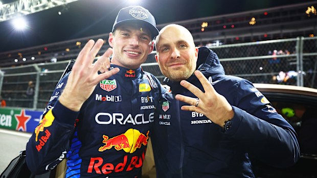 2024 F1 World Drivers Champion Max Verstappen of the Netherlands and Oracle Red Bull Racing celebrates with race engineer Gianpiero Lambiase in parc ferme during the F1 Grand Prix of Las Vegas at Las Vegas Strip Circuit on November 23, 2024 in Las Vegas, Nevada. (Photo by Mark Thompson/Getty Images)