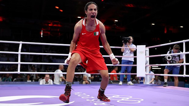 Imane Khelif of Algeria celebrates victory.