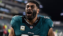 Jordan Mailata #68 of the Philadelphia Eagles reacts as he walks off the field following an NFL Football game against the Washington Commanders at Lincoln Financial Field on November 14, 2024 in Philadelphia, Pennsylvania. (Photo by Michael Owens/Getty Images)