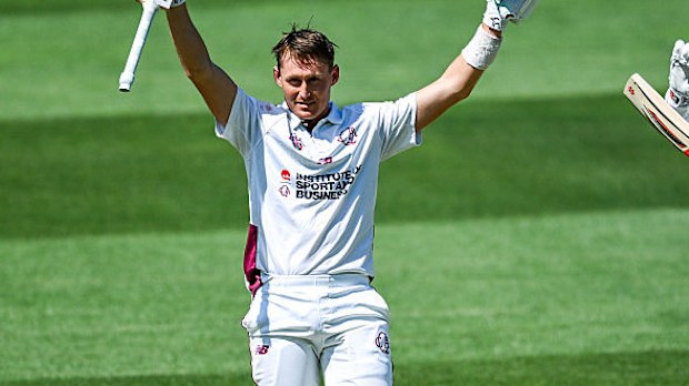 Marnus Labuschagne of the Queensland Bulls celebrates bringing up his century.