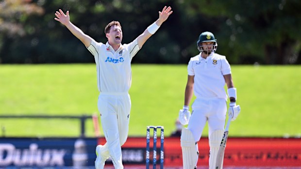Matt Henry unsuccessfully appeals for the wicket of Aiden Markram.