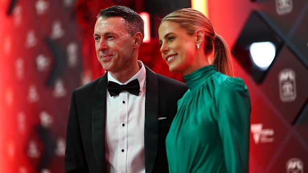 Craig McRae Senior Coach of the Magpies and Gabrielle McRae are seen during the 2025 Brownlow Medal at Crown Palladium on September 22, 2025 in Melbourne, Australia. (Photo by Josh Chadwick/AFL Photos via Getty Images)