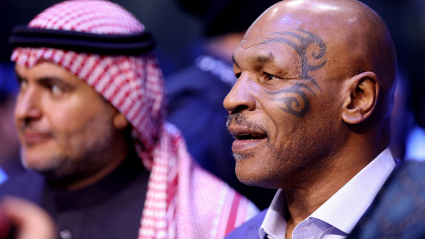 RIYADH, SAUDI ARABIA - FEBRUARY 26: Former Boxer Mike Tyson looks on prior to the Cruiserweight Title fight between Jake Paul and Tommy Fury at the Diriyah Arena on February 26, 2023 in Riyadh, Saudi Arabia. (Photo by Francois Nel/Getty Images)