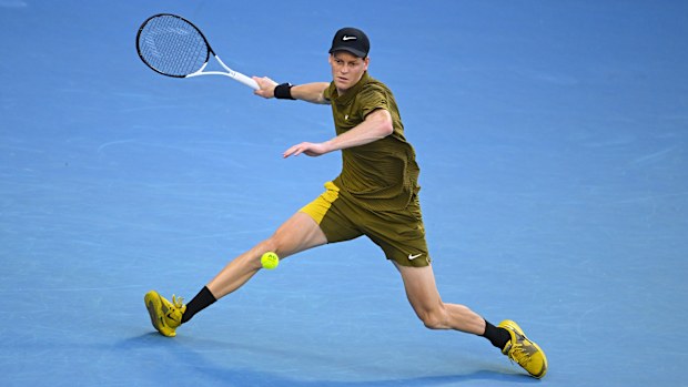 Jannik Sinner in action during his first-round victory over Frenchman Hugo Gaston at the 2026 Australian Open.