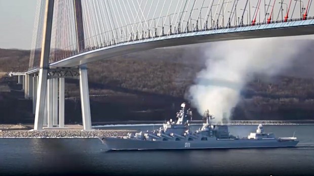 The Varyag missile cruiser of Russia's Pacific Fleet sails off for joint naval drill planned by Russia and China. The joint naval exercise is set to start later this week in the East China Sea. (Russian Defense Ministry Press Service via AP)
