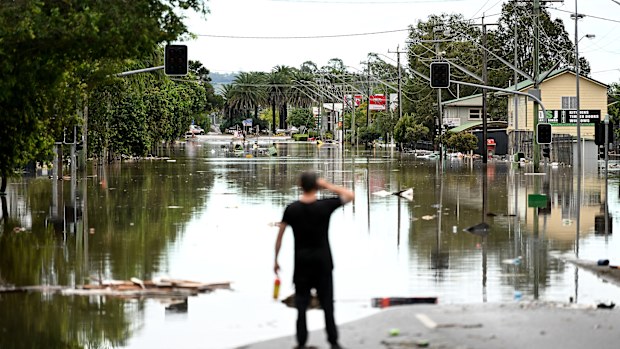 A main street is under floodwater on March 31, 2022 in Lismore.