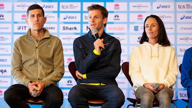 From left: Elite Australian runners Thomas Do Canto, Brett Robinson and Lisa Weightman at the official Sydney Marathon press conference.