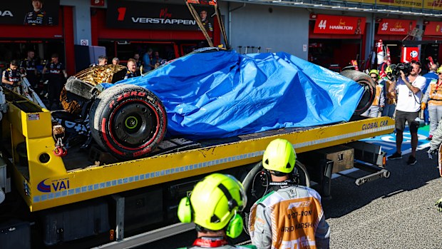 The car of Yuki Tsunoda of Japan and Oracle Red Bull Racing is returned to the garage following his Q1 crash during qualifying ahead of the F1 Grand Prix of Emilia-Romagna at Autodromo Internazionale Enzo e Dino Ferrari on May 17, 2025 in Imola, Italy. (Photo by Kym Illman/Getty Images)