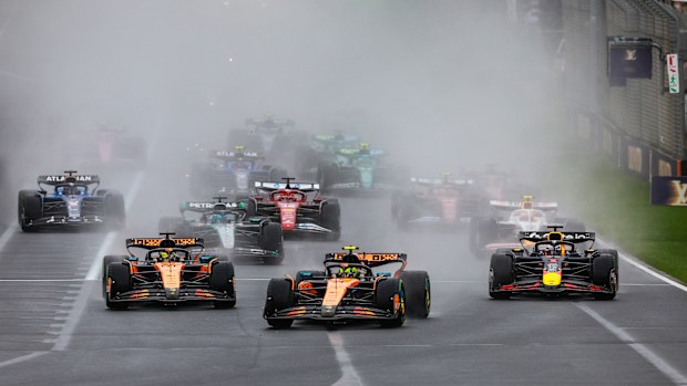 Lando Norris of Great Britain and McLaren leads the race following the restart during the F1 Grand Prix of Australia at Albert Park Grand Prix Circuit on March 16, 2025 in Melbourne, Australia. (Photo by Jayce Illman/Getty Images)
