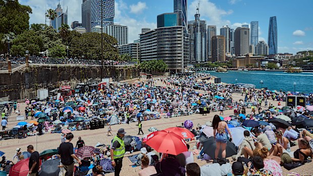 Crowd gathering at Opera House forecourt, ahead of New YearÕs Eve celebrations in Sydney on DEC 31, 2024. Photo: Flavio Brancaleone / The Sydney Morning Herald