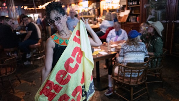 Recall proponent, Roxanne Hoge held up a recall Gavin Newsom flag at an election party in Los Angeles. 